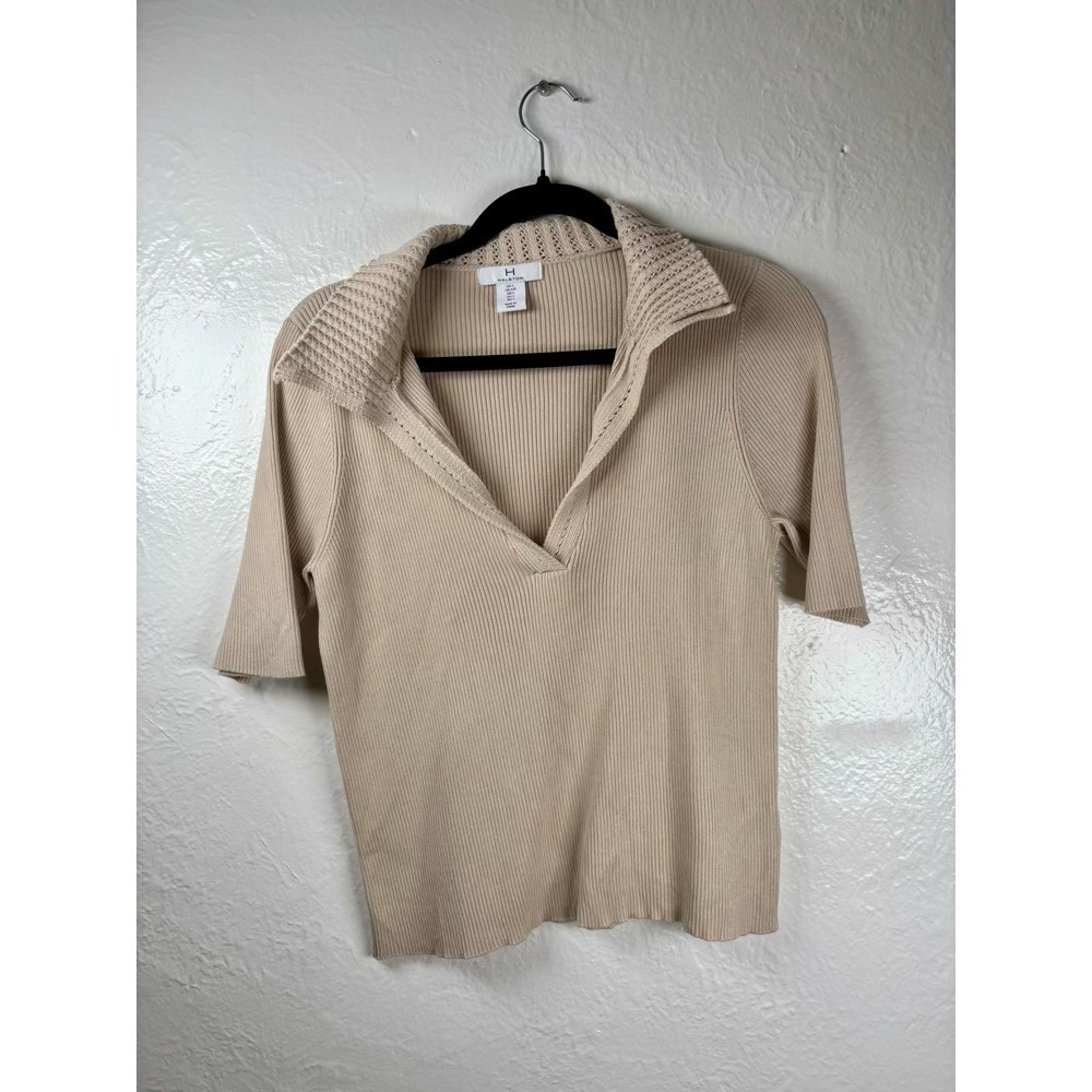 Halston Womens Beige Ribbed Knit‎ Polo Sweater Top Sz L Stretch Preppy Luxury